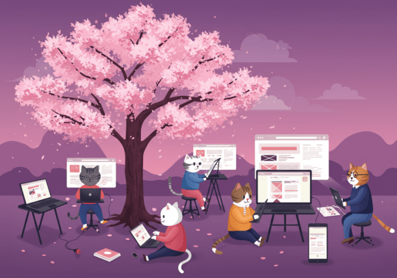 Cats Designing Websites Under Sakura Tree: A Creative Asset for Modern Projects
