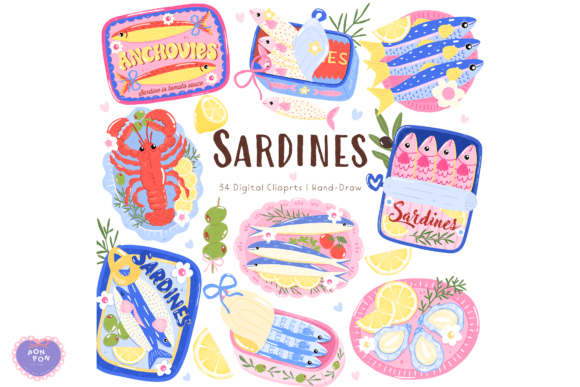 Sardines & Fisherman Aesthetic Clipart: Coastal Design Assets